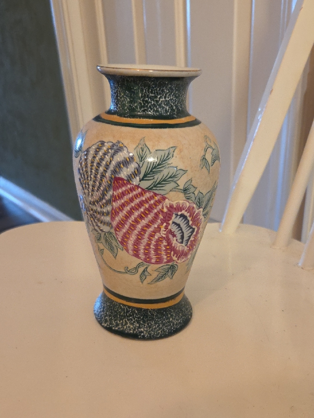 Hand-Painted Floral Ceramic Vase in Cream and Green. Vintage Japanese Moriage.